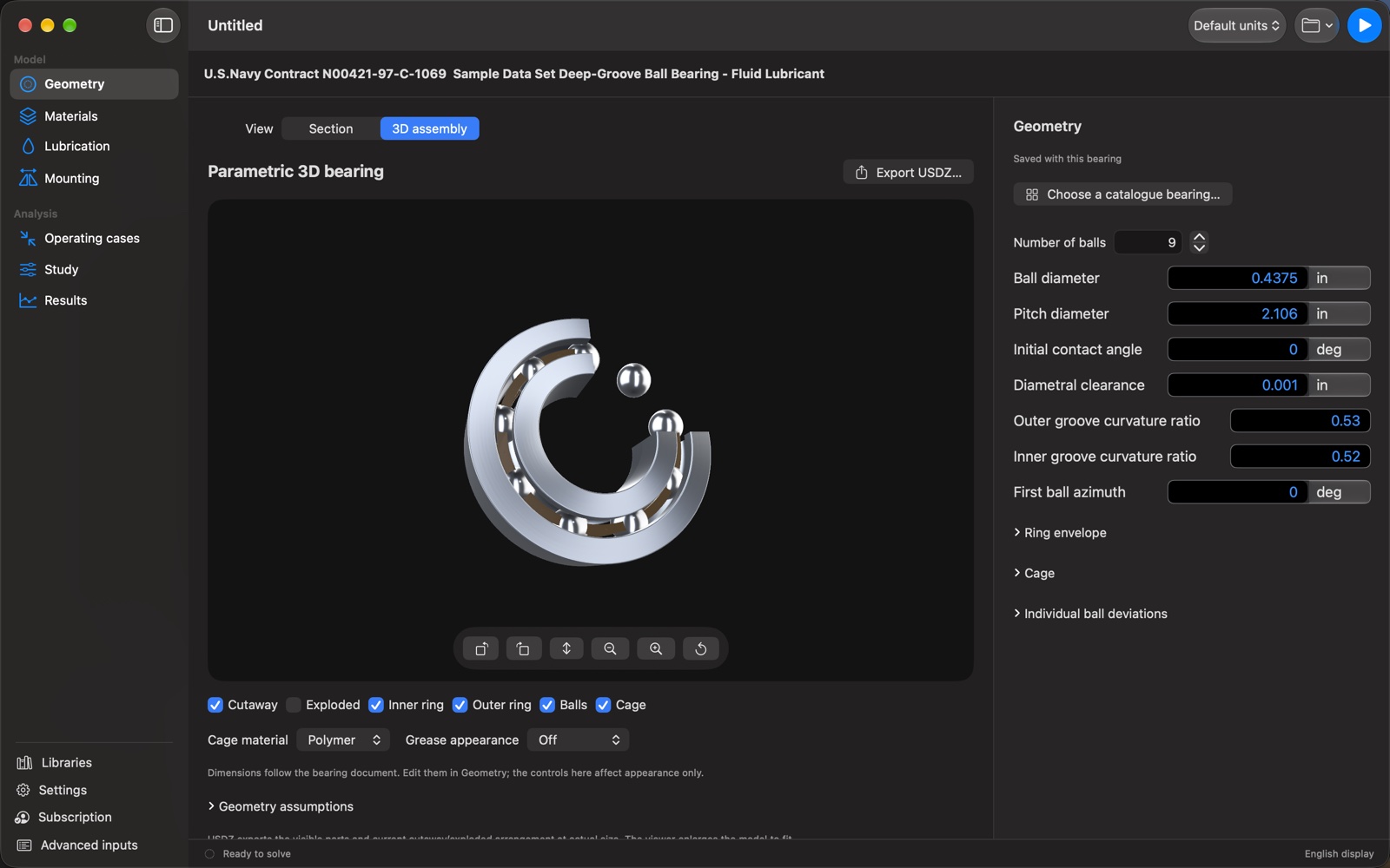 Bearing Maven on Mac with a cutaway 3D bearing, rolling elements, cage and geometry inputs.