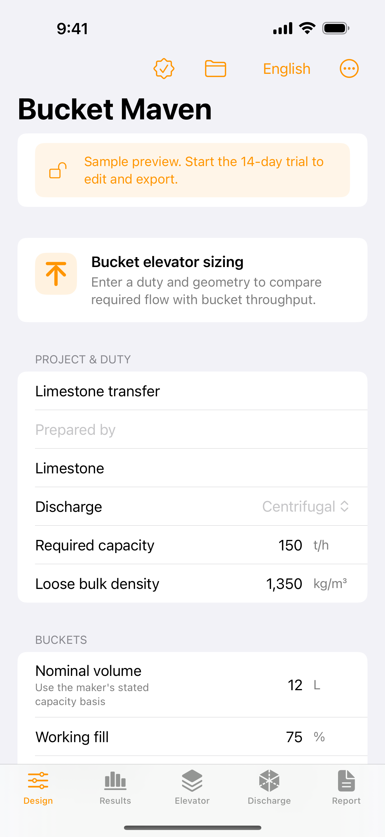 Bucket Maven sample design inputs and bucket geometry on iPhone.
