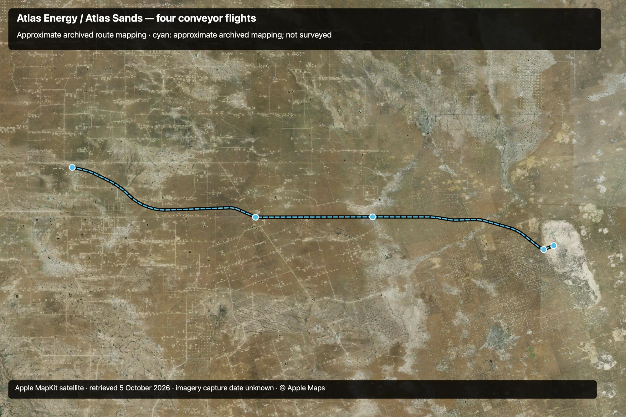 Satellite overview of the four archived Atlas Sands conveyor routes west of Kermit