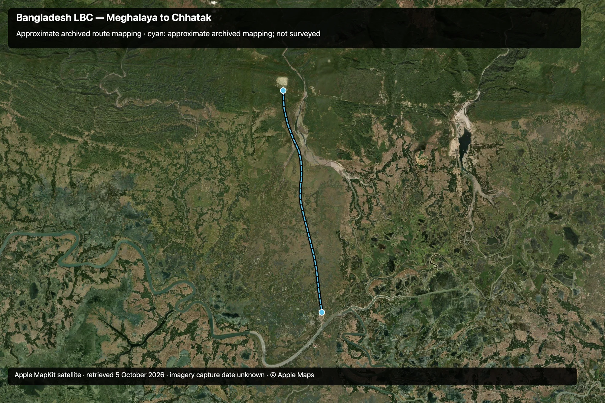 Satellite overview of the archived Bangladesh LBC route from Meghalaya to Chhatak
