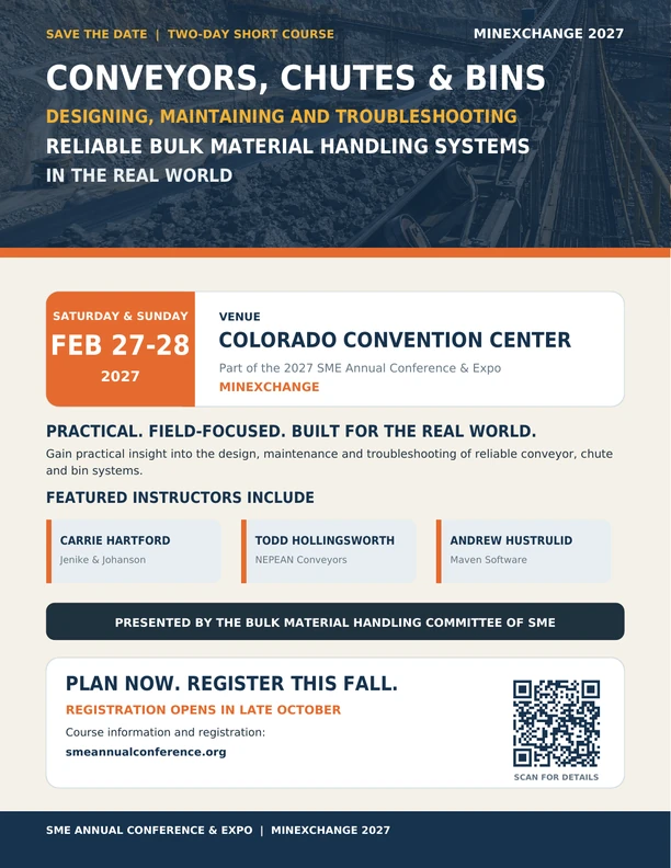 Save-the-date flyer for the Conveyors, Chutes & Bins short course at MINEXCHANGE 2027.