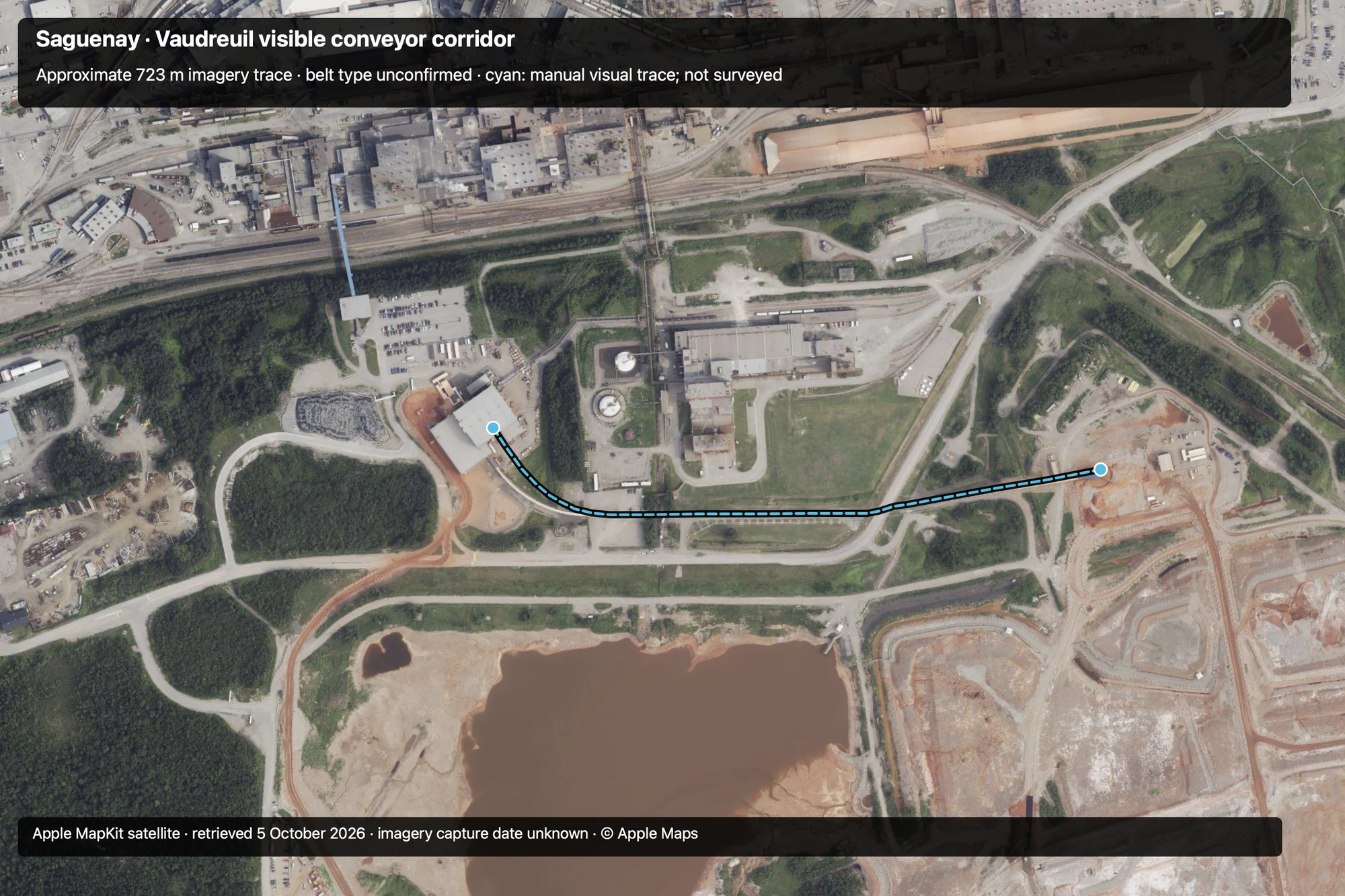 Satellite view of the Vaudreuil refinery: a cyan dashed trace follows the curved western approach, the horizontal corridor north of Rue Drake and the receiving cover to the east.