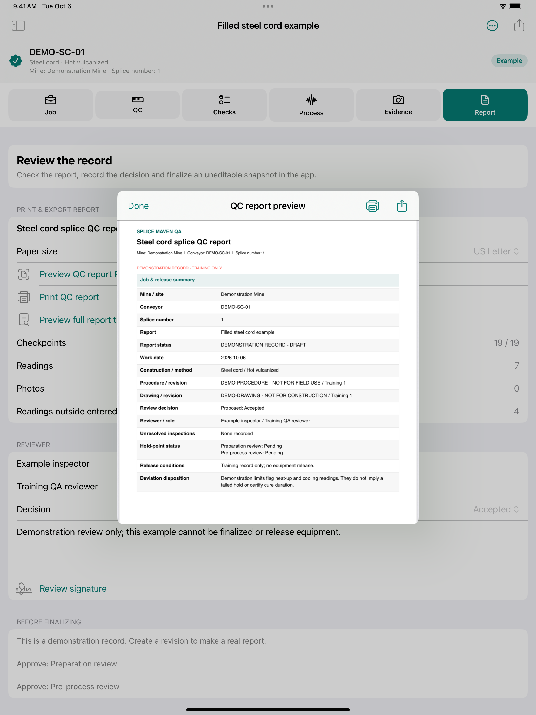 Splice Maven QA on iPad previewing the job and release summary of a filled steel cord training report.
