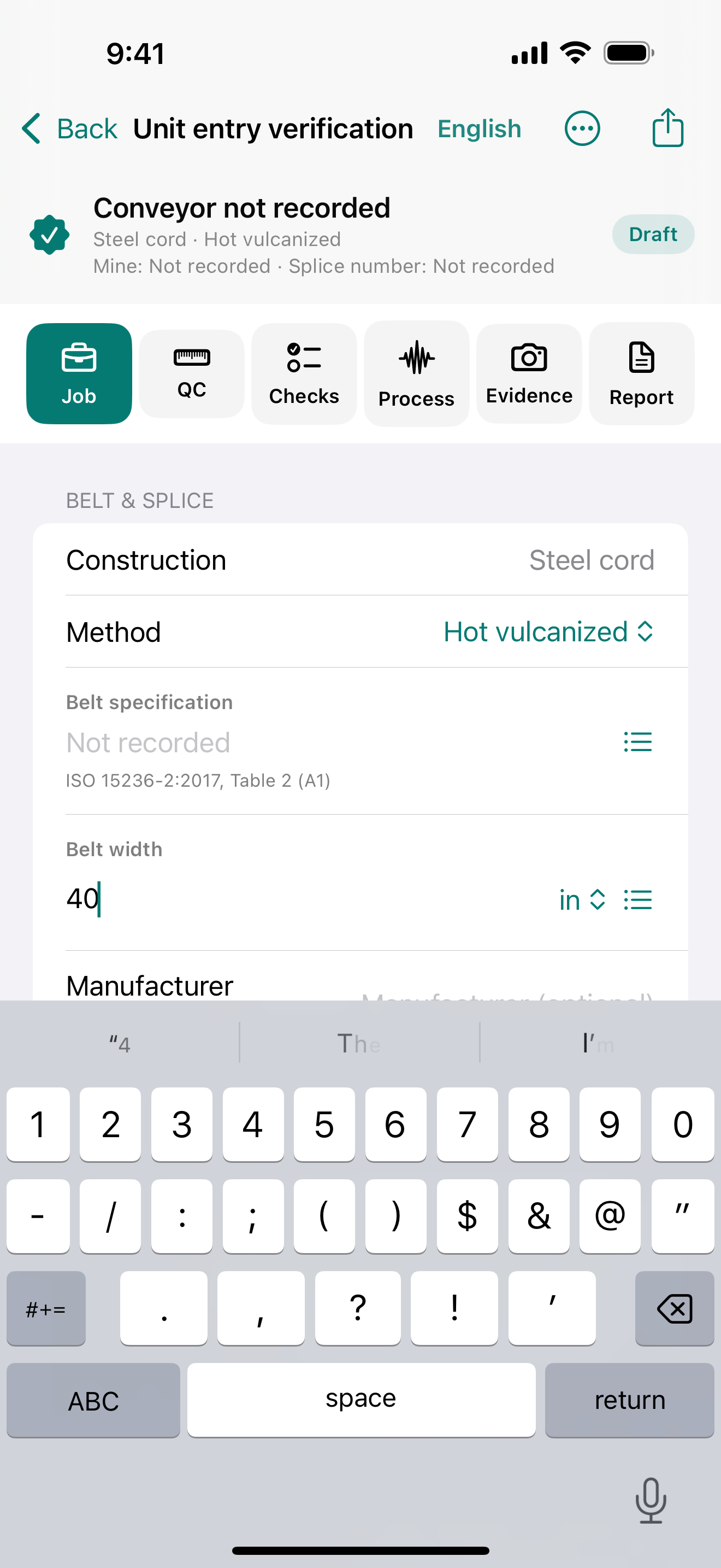 An example report on iPhone with English units selected and a 40-inch belt width entered.