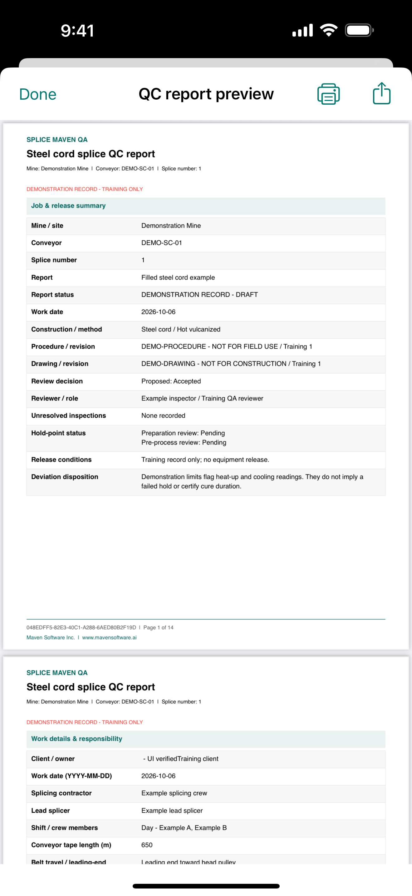 Splice Maven QA on iPhone previewing a steel cord splice QC training report with print and share controls.