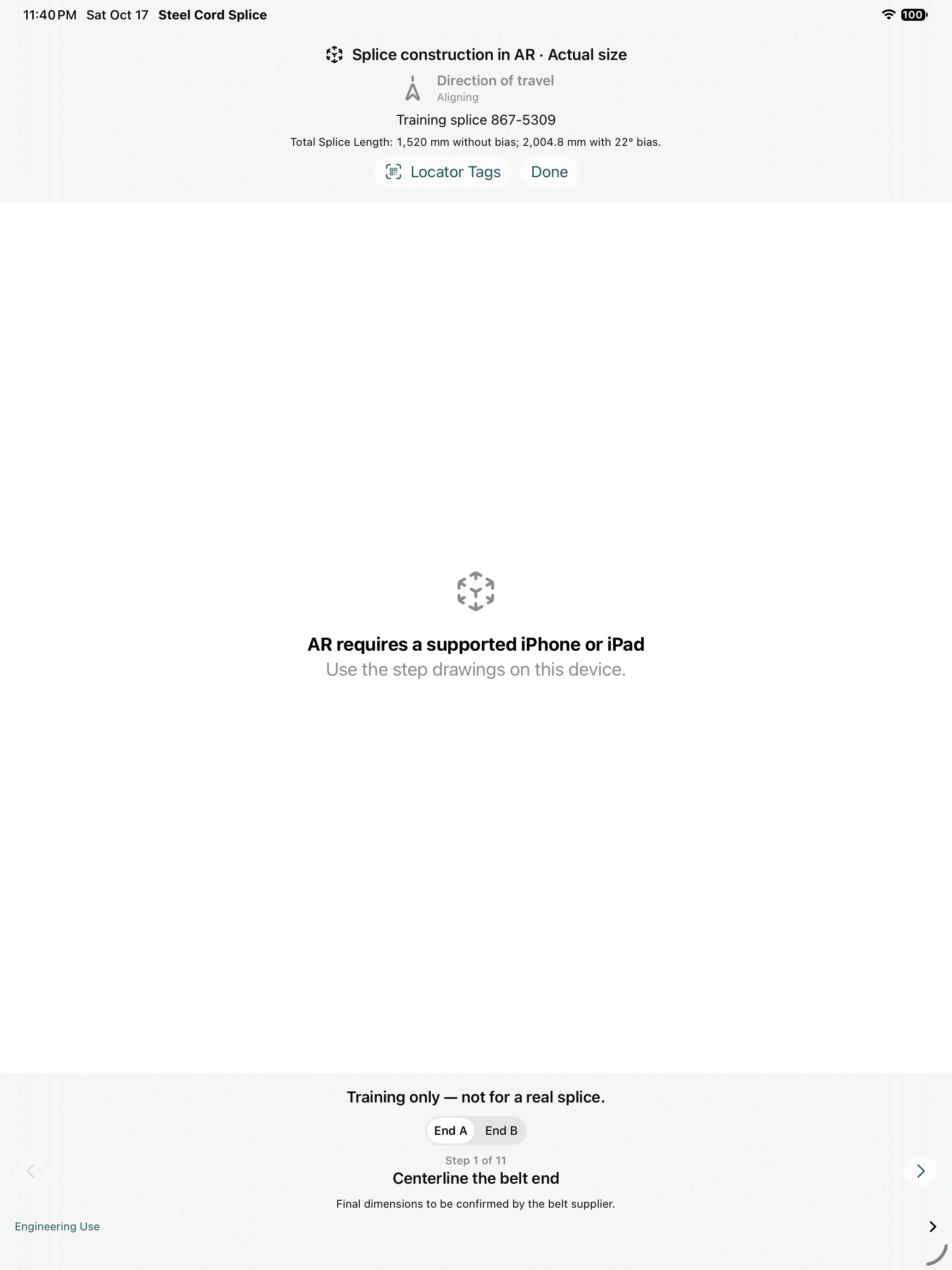 iPad szkolenie Interfejs AR pokazujący wybór końcowy i elementy sterujące etapami konstrukcji z uwagami dotyczącymi sprzętu symulatora