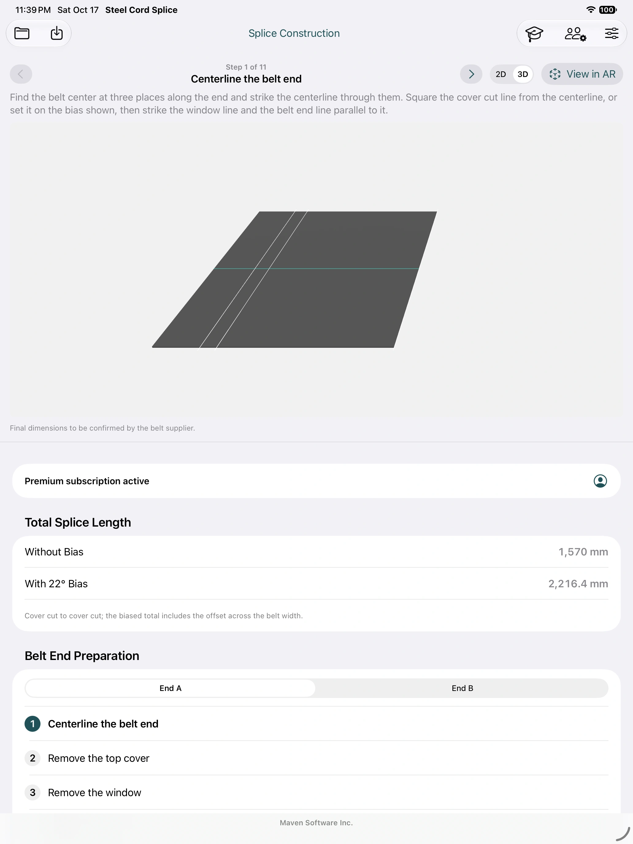iPad przestrzeń robocza przedstawiająca przygotowanie końca taśmy przenośnikowej i ponumerowane stopnie