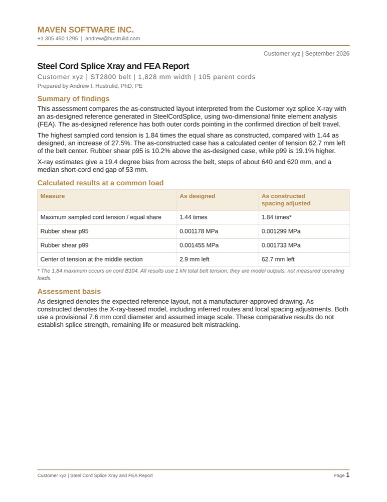First page of the English example report, with findings and an as-designed versus as-constructed comparison table.
