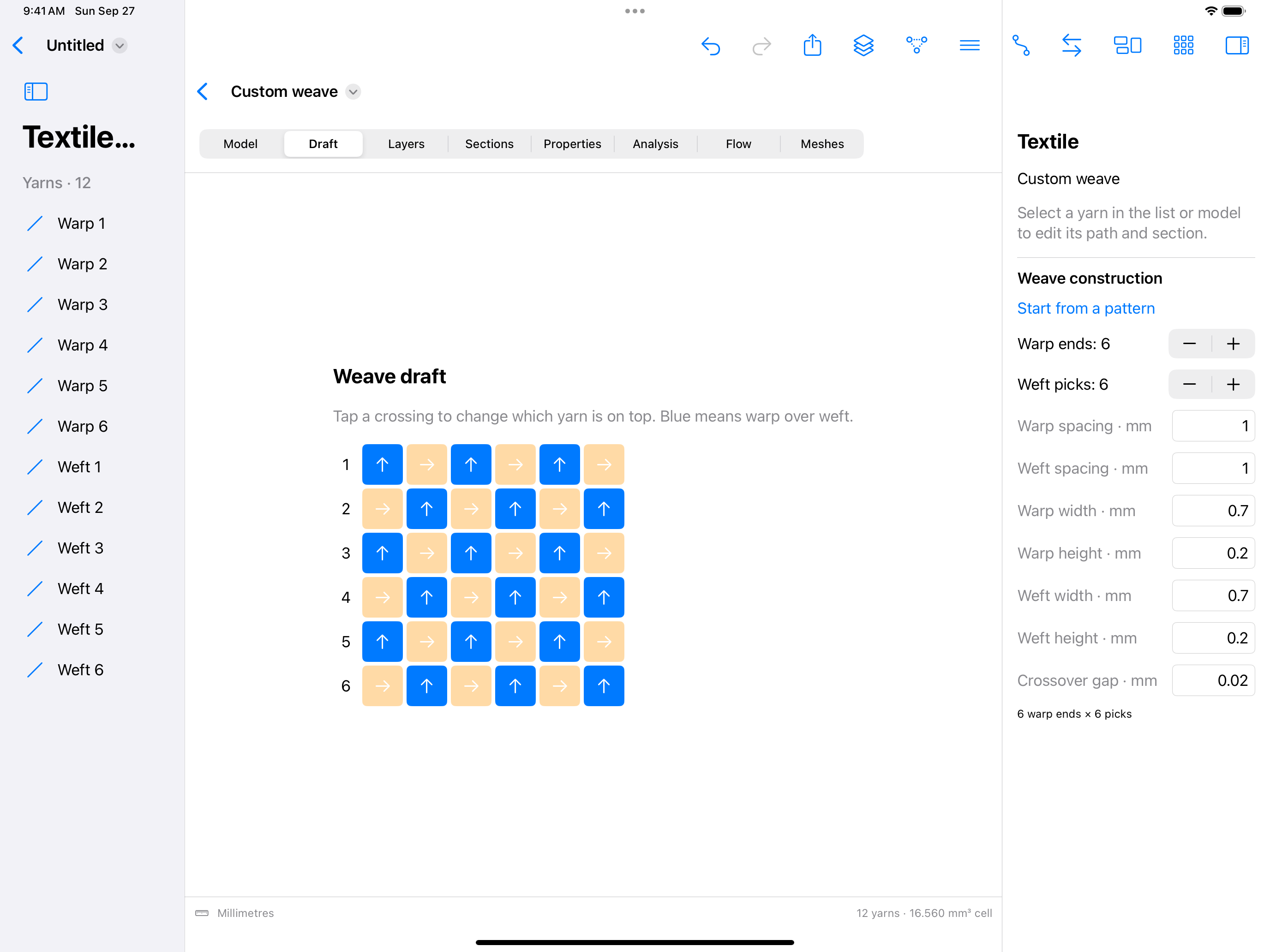 iPad weave-draft editor with crossing controls