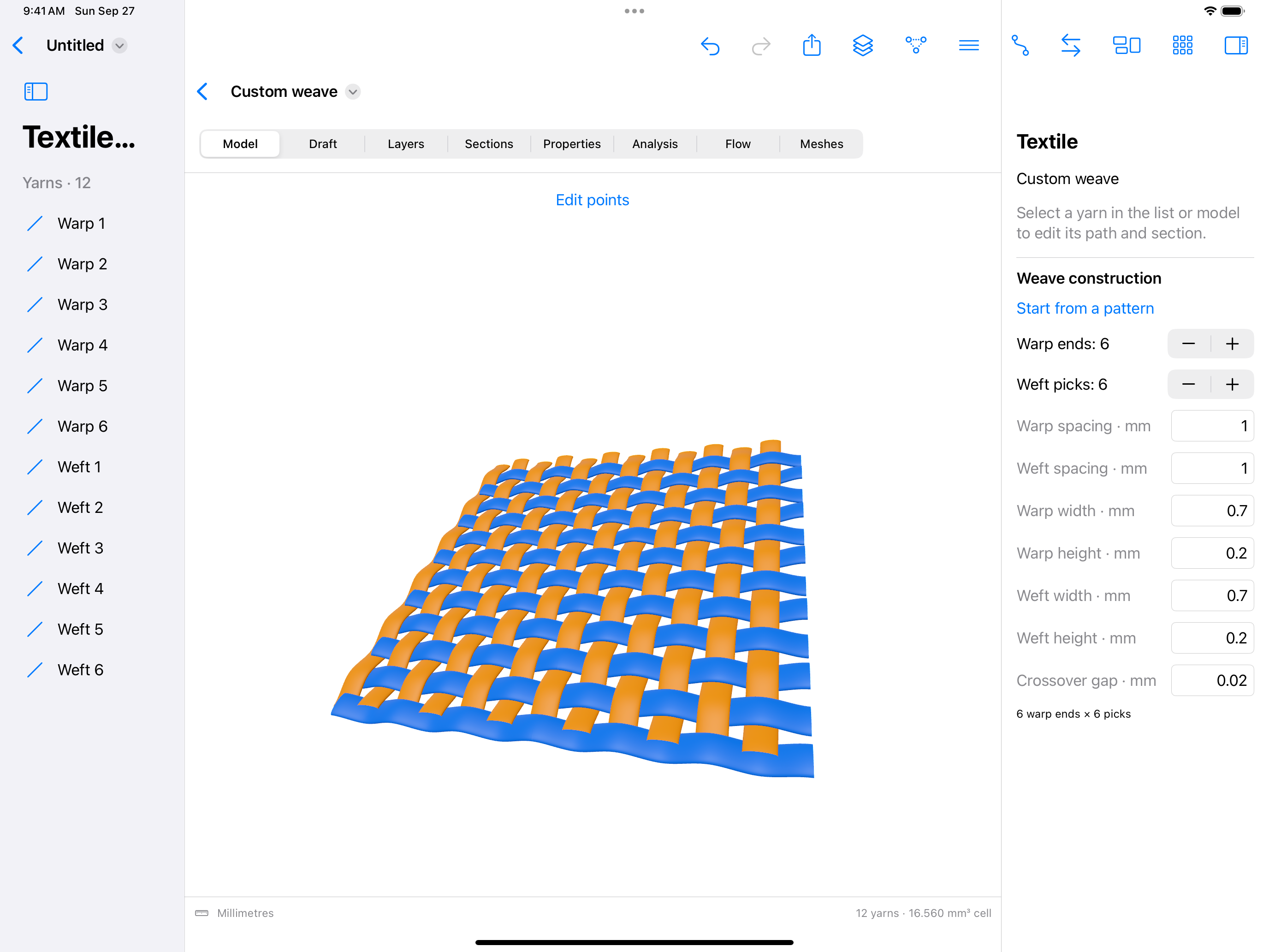 iPad 3D preview of a six-by-six weave