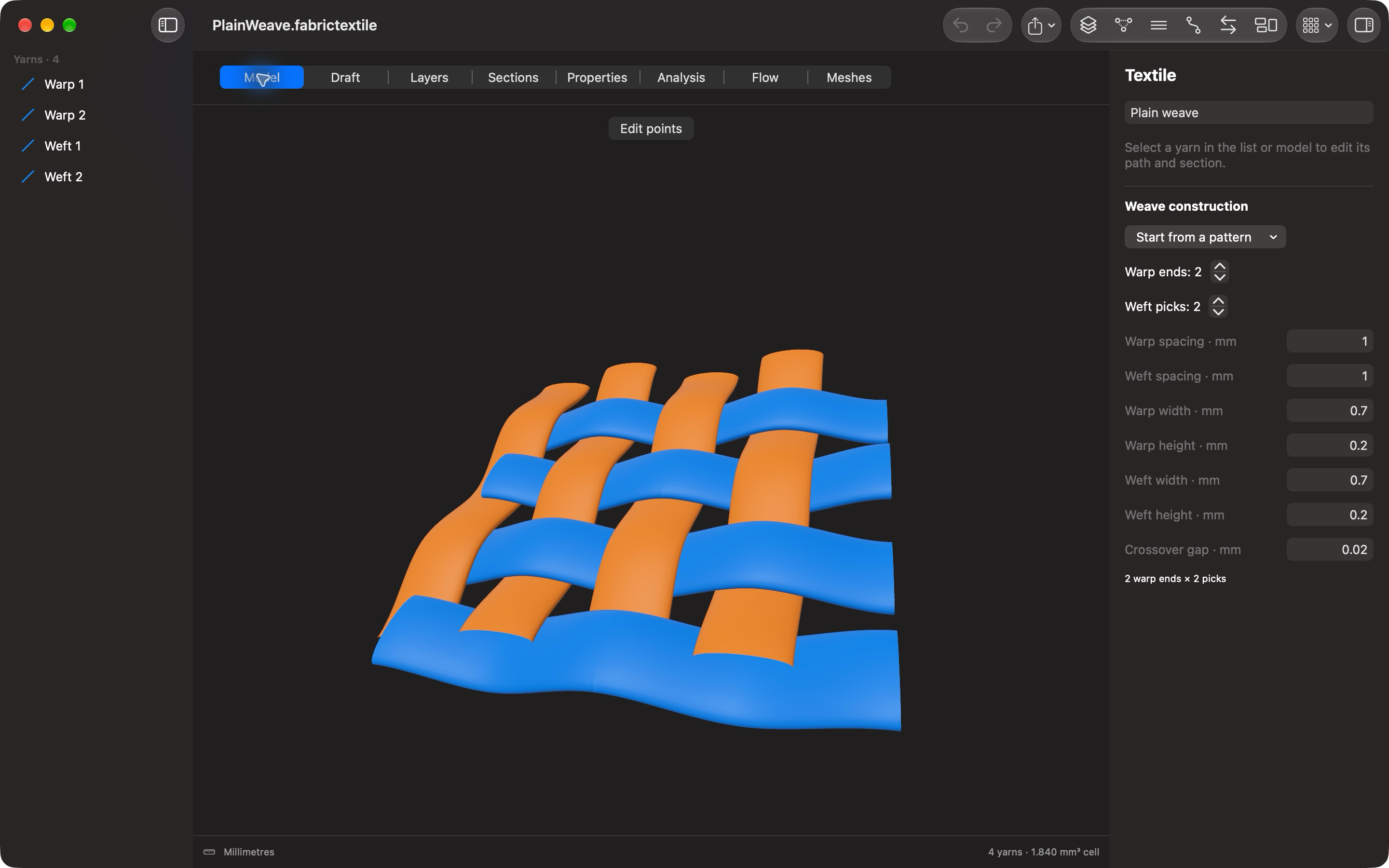 Mac editor showing a blue and orange plain-weave model, yarn list, and construction inspector